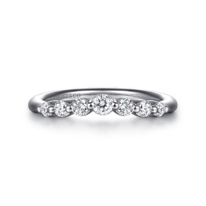 Gabriel & Co. WB16678R8W44JJ 14 karat white gold Contemporary wedding band, front view of spaced round stones in a gentle arch with small metal balls between them