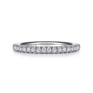 Gabriel & Co. WB16682R12W44JJ 14 karat white gold Contemporary wedding band, front view of an even row of small round stones along a straight hoop