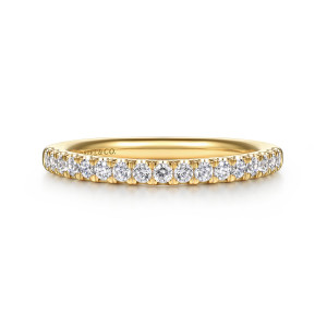 Gabriel & Co. WB16688R12Y44JJ 14 karat yellow gold Contemporary wedding band, front view of a straight band with a level row of round stones along its face
