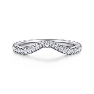 Gabriel & Co. WB16694R6W44JJ 14 karat white gold Contemporary wedding band, front view of the deep rounded dip with small round diamonds tracing the whole curve
