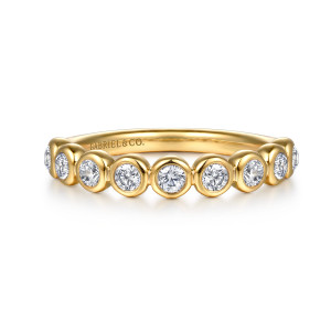 Gabriel & Co. WB16697O8VY44JJ 14 karat yellow gold Contemporary wedding band, front view of round stones each in its own rounded bezel with a maker's mark inside