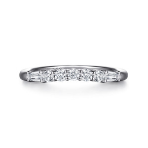 Gabriel & Co. WB16700R8W44JJ 14 karat white gold Contemporary wedding band, front view of a curved line of round diamonds between two tapered end stones