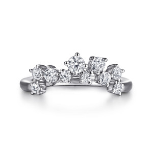 Gabriel & Co. WB16706E12W44JJ 14 karat white gold Starlight wedding band, front view of mixed size round diamonds set staggered in an arch shape