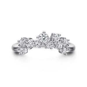 Gabriel & Co. WB16706E8W44JJ 14 karat white gold Starlight wedding band, front view of mixed size round stones in a loose arch, each held by ball tipped prongs