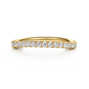 Gabriel & Co. WB16709O12Y44JJ 14 karat yellow gold Contemporary wedding band, front view of a nearly straight band with a slight dip and one line of round stones