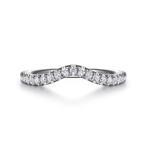 Gabriel & Co. WB16712O12W44JJ 14 karat white gold Contemporary wedding band, front view of a shallow inward curve carrying one row of small round stones