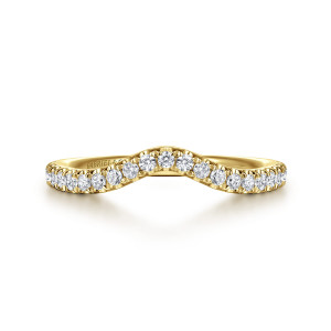 Gabriel & Co. WB16712O12Y44JJ 14 karat yellow gold Contemporary wedding band, front view of a shallow peak at the top with small round stones following its curve