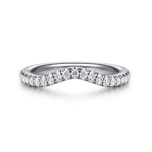 Gabriel & Co. WB16712R12W44JJ 14 karat white gold Contemporary wedding band, front view of the V shaped dip with small round diamonds following the curve