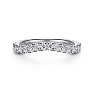 Gabriel & Co. WB16714O8W44JJ 14 karat white gold Contemporary wedding band, front view of the gentle bow with round diamonds gripped by pointed prongs