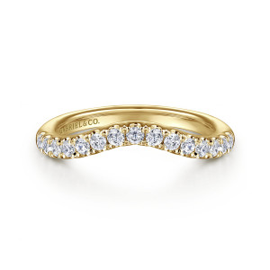 Gabriel & Co. WB16715N8Y44JJ 14 karat yellow gold Contemporary wedding band, front view of a gently scooped top with a row of round diamonds following the curve