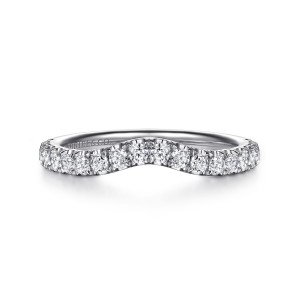 Gabriel & Co. WB16719O8W44JJ 14 karat white gold Contemporary wedding band, front view of round stones following an inward scoop at the middle of the band