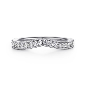 Gabriel & Co. WB16720O8W44JJ 14 karat white gold Victorian wedding band, front view of the shallow point in the diamond row with beaded borders on both sides