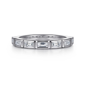 Gabriel & Co. WB16722E8W43JJ 14 karat white gold Contemporary wedding band, front view of baguette diamonds set lengthwise in squared frames across the top