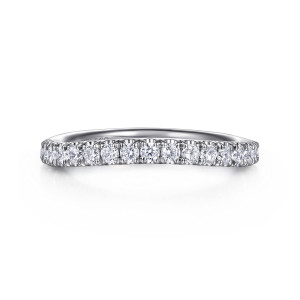 Gabriel & Co. WB16723R8W44JJ 14 karat white gold Contemporary wedding band, front view of a shallow dip in the top edge with round diamonds following the curve