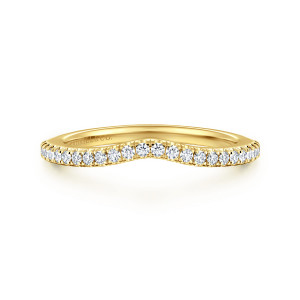 Gabriel & Co. WB16734M8Y44JJ 14 karat yellow gold Contemporary wedding band, front view of a soft V bend with small round diamonds in fine prongs