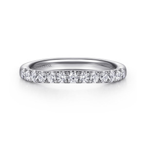 Gabriel & Co. WB16741S6W44JJ 14 karat white gold Contemporary wedding band, front view of closely set round diamonds between fine pointed prongs