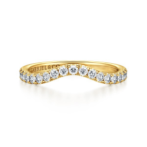 Gabriel & Co. WB16743R6Y44JJ 14 karat yellow gold Classic wedding band, front view of the top edge sweeping into a deep scoop lined with round diamonds