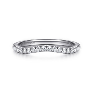 Gabriel & Co. WB16744R8W44JJ 14 karat white gold Contemporary wedding band, front view of the curved top edge dipping in the middle with a row of small round stones