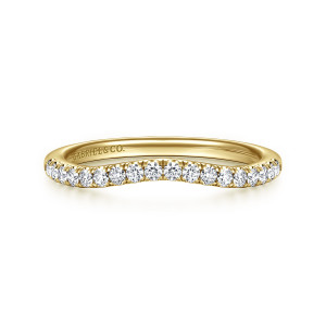 Gabriel & Co. WB16744R8Y44JJ 14 karat yellow gold Contemporary wedding band, front view of the gentle central dip with round diamonds following the curved top edge