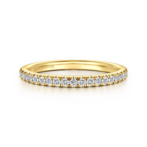 Gabriel & Co. WB16754O6Y44JJ 14 karat yellow gold Contemporary wedding band, front view of closely spaced round diamonds and a maker's mark inside the band