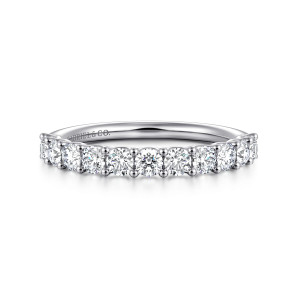 Gabriel & Co. WB16755R8W44JJ 14 karat white gold Contemporary wedding band, front view of round diamonds held by small ball tipped prongs in an unbroken row