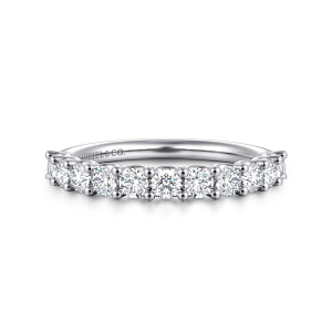 Gabriel & Co. WB16756R8W44JJ 14 karat white gold Contemporary wedding band, front view of round diamonds separated by pairs of ball tipped prongs