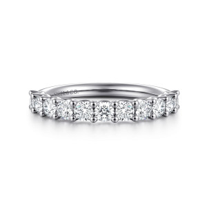 Gabriel & Co. WB16757R8W44JJ 14 karat white gold Contemporary wedding band, front view of round stones with paired ball tipped prongs between each stone