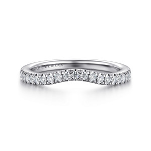 Gabriel & Co. WB16766R6W44JJ 14 karat white gold Contemporary wedding band, front view of a shallow saddle dip in the stone row with round diamonds on both sides