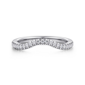 Gabriel & Co. WB16770S6W44JJ 14 karat white gold Classic wedding band, front view of a smooth inward scoop lined with small round stones and scalloped prongs