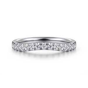 Gabriel & Co. WB16778E12W44JJ 14 karat white gold Contemporary wedding band, front view of the close diamond row and the barely dipping outline