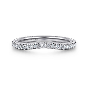 Gabriel & Co. WB16781R10W44JJ 14 karat white gold Classic wedding band, front view of a gentle dip in the diamond row with beaded borders visible inside