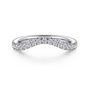 Gabriel & Co. WB16784E10W44JJ 14 karat white gold Contemporary wedding band, front view of the rounded V dip carrying a row of small round diamonds