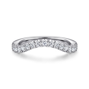 Gabriel & Co. WB16786E12W44JJ 14 karat white gold Contemporary wedding band, front view of round diamonds tracing a deep curve, with a maker's mark inside