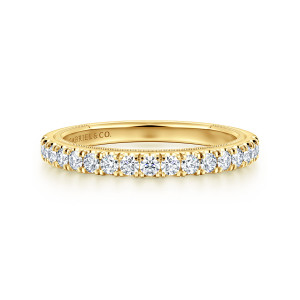 Gabriel & Co. WB16792O6Y44JJ 14 karat yellow gold Contemporary wedding band, front view of the row of small round diamonds with a beaded edge visible along the inside
