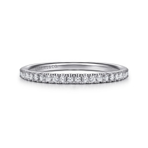 Gabriel & Co. WB16794R12W44JJ 14 karat white gold Classic wedding band, front view of a straight hoop with an even row of very small round diamonds in claws