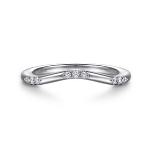Gabriel & Co. WB16857E10W44JJ 14 karat white gold Contemporary wedding band, front view of a shallow V shaped dip with a cluster of round diamonds at its low point