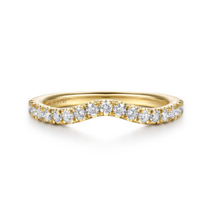 Gabriel & Co. WB16860E8Y44JJ 14 karat yellow gold Classic wedding band, front view of the scooped outline with a row of round diamonds along its top edge