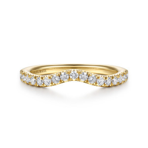 Gabriel & Co. WB16860N16Y44JJ 14 karat yellow gold Classic wedding band, front view of a shallow inward curve of round diamonds with a maker's mark inside the band