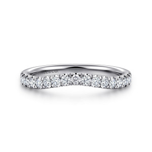 Gabriel & Co. WB16864R6W44JJ 14 karat white gold Contemporary wedding band, front view of the shallow scoop in the middle with round diamonds following it