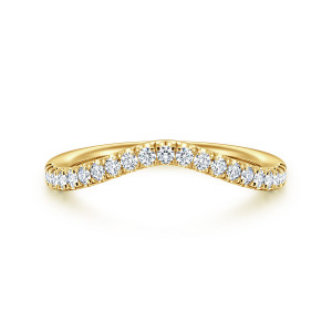 Gabriel & Co. WB16872C12Y44JJ 14 karat yellow gold Classic wedding band, front view of a shallow V with round stones easing smaller toward each end