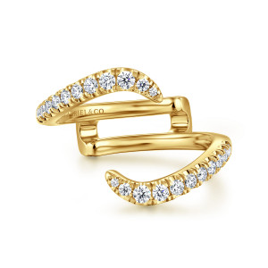 Gabriel & Co. WB16873M5Y44JJ 14 karat yellow gold Contemporary wedding band, top view of two curved diamond arms sweeping opposite ways around an open plain link