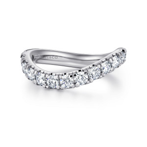 Gabriel & Co. WB16874M8W44JJ 14 karat white gold Classic wedding band, angled view of the band rising and falling in a wave with round diamonds along the top