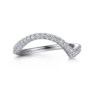 Gabriel & Co. WB16892R8W44JJ 14 karat white gold Contemporary wedding band, front view of a wave shaped diamond row arching high on one side and dropping at a bend