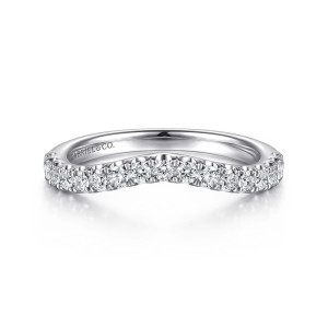 Gabriel & Co. WB16893O8W44JJ 14 karat white gold Classic wedding band, front view of a broad rounded dip along the top with prong set round diamonds