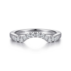 Gabriel & Co. WB16894R8W44JJ 14 karat white gold Contemporary wedding band, front view of the scooped top edge with small round diamonds spacing out toward the ends