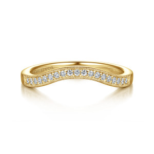 Gabriel & Co. WB16895R8Y44JJ 14 karat yellow gold Victorian wedding band, front view of a deeply dipped band with a beaded border around its line of stones