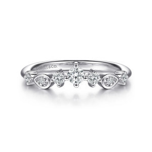 Gabriel & Co. WB16906G8W44JJ 14 karat white gold Starlight wedding band, front view of a peaked arch of round diamonds with teardrop frames near each end