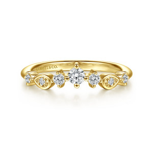 Gabriel & Co. WB16906G8Y44JJ 14 karat yellow gold Starlight wedding band, front view of a shallow arch of round stones with teardrop frames at each side