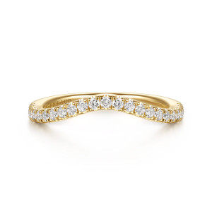 Gabriel & Co. WB16911R12Y44JJ 14 karat yellow gold Classic wedding band, front view of the smooth curve with a single row of round stones held by shared prongs