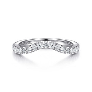 Gabriel & Co. WB16912P8W44JJ 14 karat white gold Classic wedding band, front view of a clear curved dip lined with round diamonds in scalloped prongs